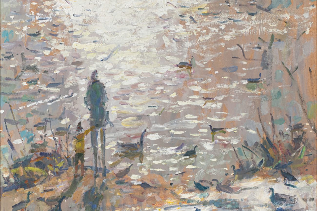 Feeding the Ducks by Andrew Farmer ROI, Oil on panel