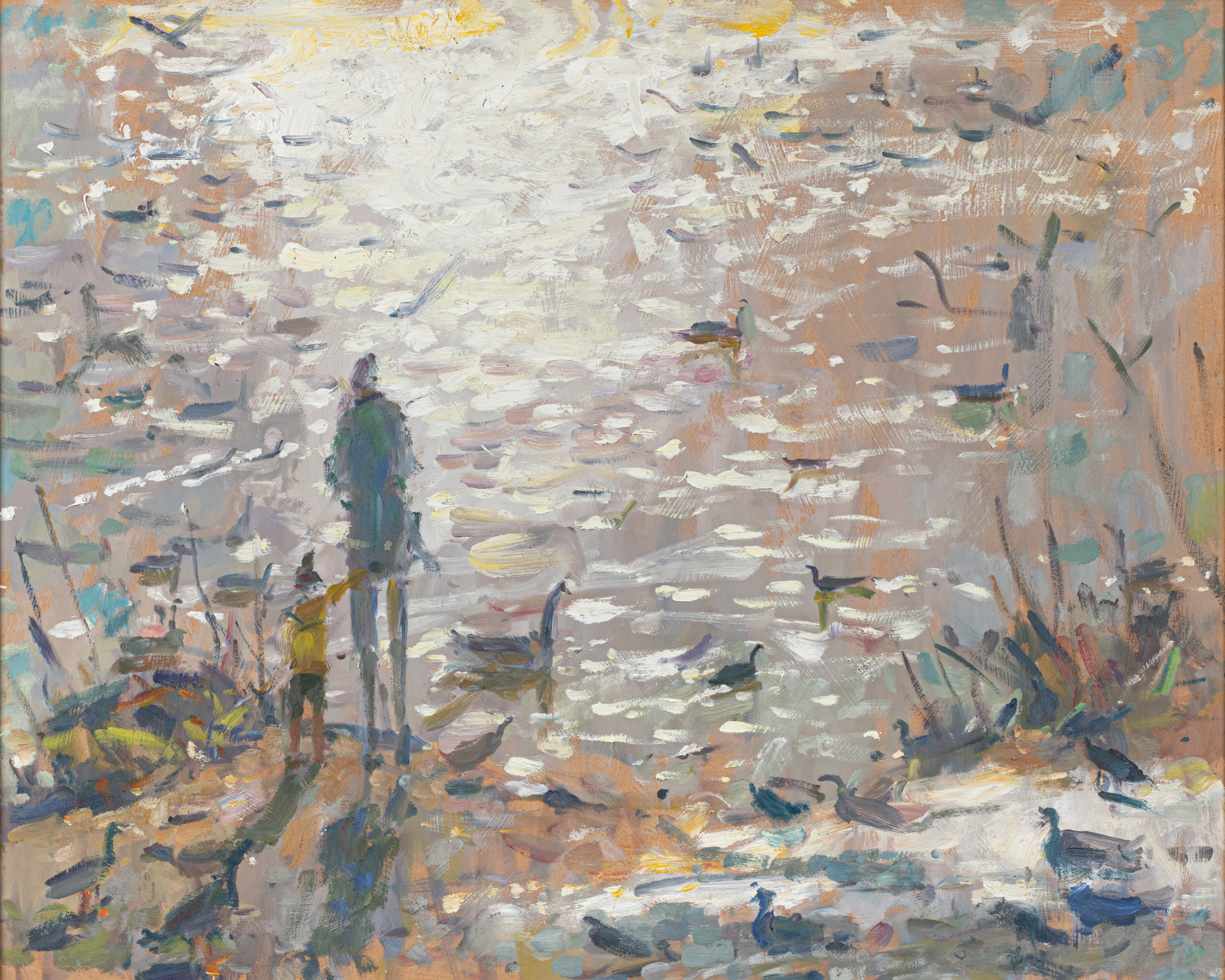 Feeding the Ducks by Andrew Farmer ROI, Oil on panel