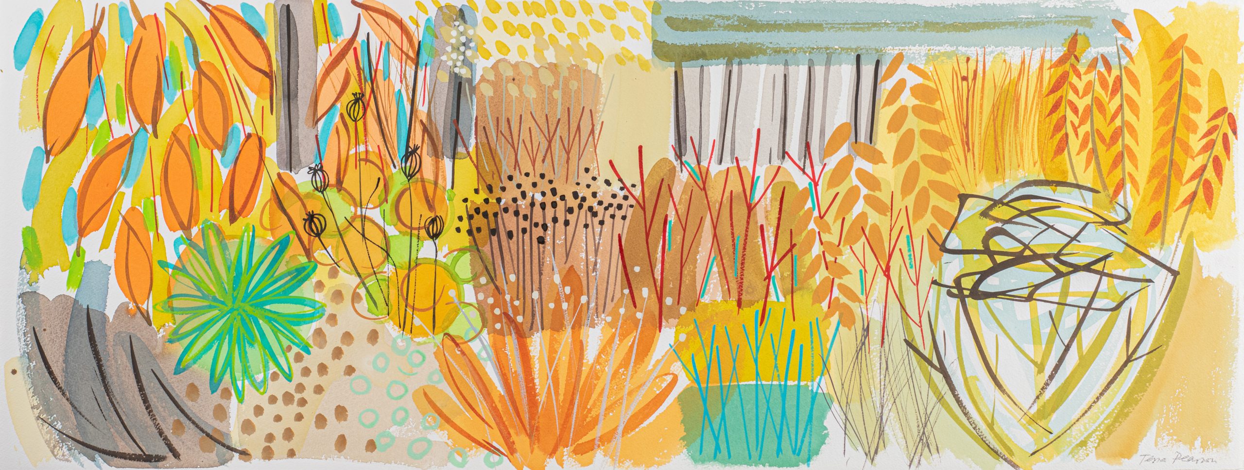 Golden Seedhead Border by Tessa Pearson, watercolour